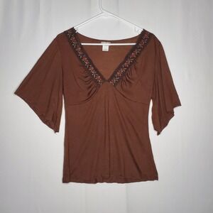 Vintage Rave Flare Sleeve Empire Top XL Jr Brown Embroidered Forest Fairy Grunge